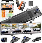 Rear View Mirror Camera,4 Channel Mirror Dash Cam Front and Rear Inside,12" Touch Screen Dash Cam, Backup Camera for Car, 7/24 Parking Monitor,Included Free 128GB SD Card
