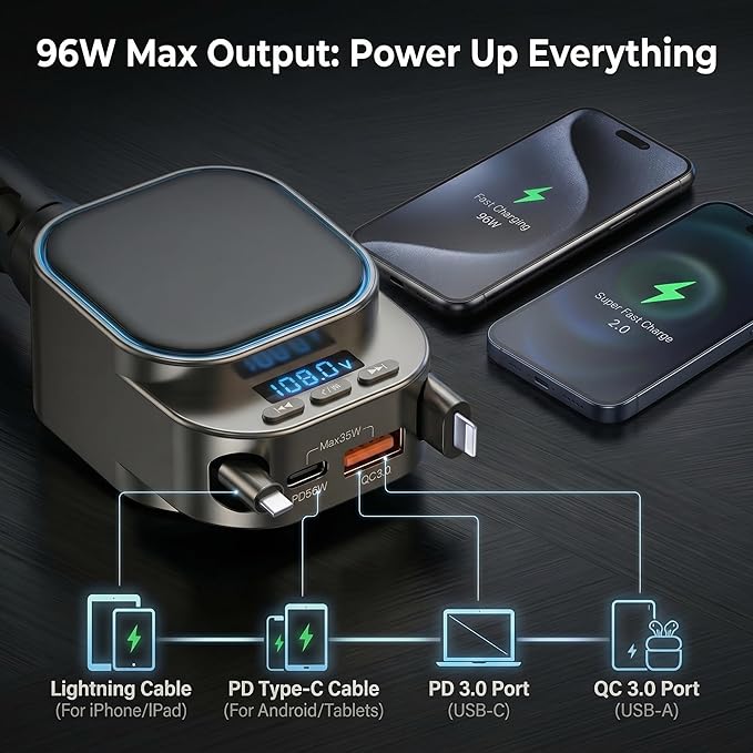Retractable Car Charger, 96W FM Transmitter, 4-in-1 Fast Charging USB C Bluetooth 5.3 Car Adapter, Wireless Radio Receiver