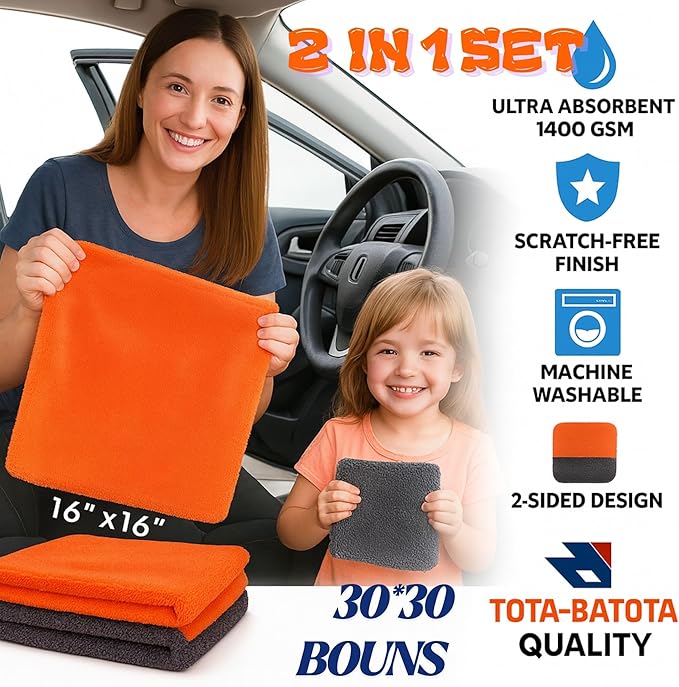 Microfiber Car Towel 16"x16" – 1400 GSM Twisted Yarn, Ultra Absorbent, Scratch-Free, Machine Washable – Bonus 12"x12" 600 GSM Detail Towel for Him/Her(Orange/Gray)