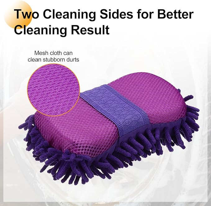 HARFINGTON Car Wash Sponge 8.7" x 4.3" Chenille Microfiber Mitt Scratch-Free Absorbent Scour Scrubber Cleaning Sponge for Washing Detailing on Cars, Trucks, SUV, Boats, RVs, Purple