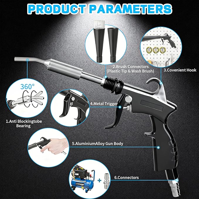 JUSTHERE Detailing Car Cleaning Gun Interior Dryer Air Blow Gun, High Pressure Blower Gun with 5 Pcs Brushes for Auto Carpet Seats Dashboard Console Cleaning