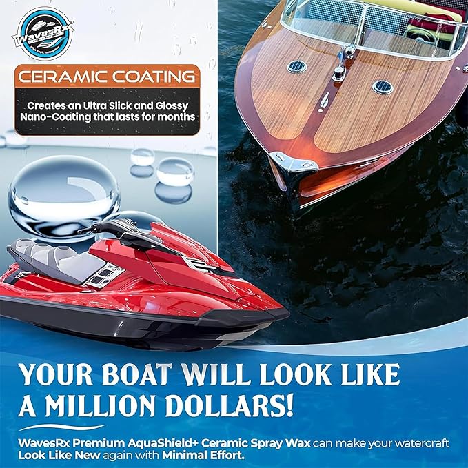 WavesRx High-Performance Ceramic Spray Coating for Boats & Jet Skis (AquaShield+) | Marine Grade SiO2 Sealant Protects from Salt, Contaminants & UV Damage | Fast Wax Silicon Dioxide Hydrophobic Polish