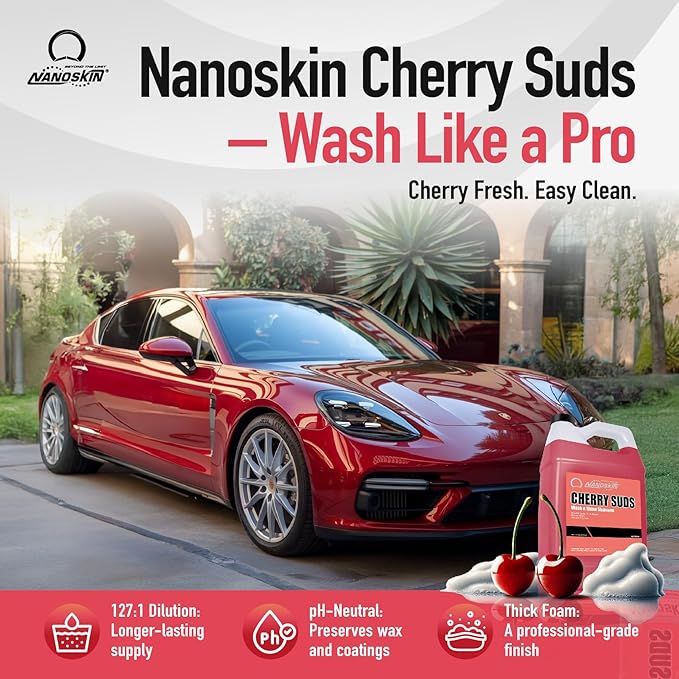 Nanoskin CHERRY SUDS Foaming Car Wash Shampoo 30 Gallons- Works with Foam Cannon, Foam Gun, Bucket Washes, Car Soap for Pressure Washer | Safe for Cars Trucks, Motorcycles, RVs & More | Cherry Scented