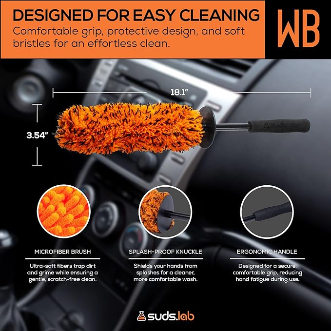 Suds Lab WB Premium Microfiber Cleaning Wheel Brush for All Vehicle Types – 18.1" Ultra-Soft & Scratch-Free Reusable Rim, Wheel, and Tire Brush with Ergonomic Handle