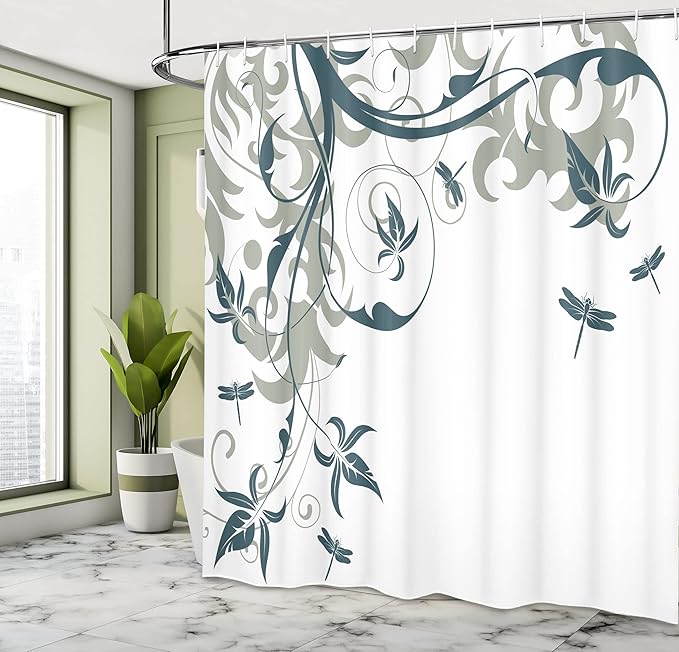 Ambesonne Dragonfly Shower Curtain, Swirled Floral Background Damask Curl Branches and Leaves Print, Cloth Fabric Bathroom Decor Set with Hooks, 69" W x 70" L, Dark Emerald