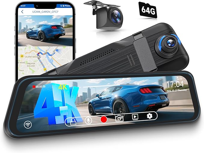 4K Mirror Dash Cam 9.66 Inch IPS Touchscreen Front and Rear View Dual Cameras, Night Vision, WiFi APP Control, G Sensor, Parking Assistance, Included 64GB Card & GPS