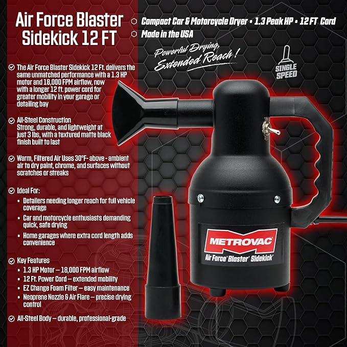 Metrovac Sidekick SK-1 Motorcycle & Car Dryer and Air Force Blaster Sidekick with 12 Foot Cord and Matte Finish for Profesional Motorcycle Detailing, Made in the USA