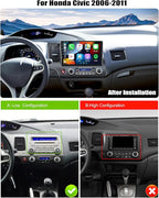 6+128G 8 Core Android 15 Car Radio Stereo for Honda Civic 2006 2007 2008 2009 2010 2011 with Wireless CarPlay Android Auto, 10.1'' Touchscreen with WiFi GPS Mirror Link Bluetooth FM RDS DSP EQ SWC