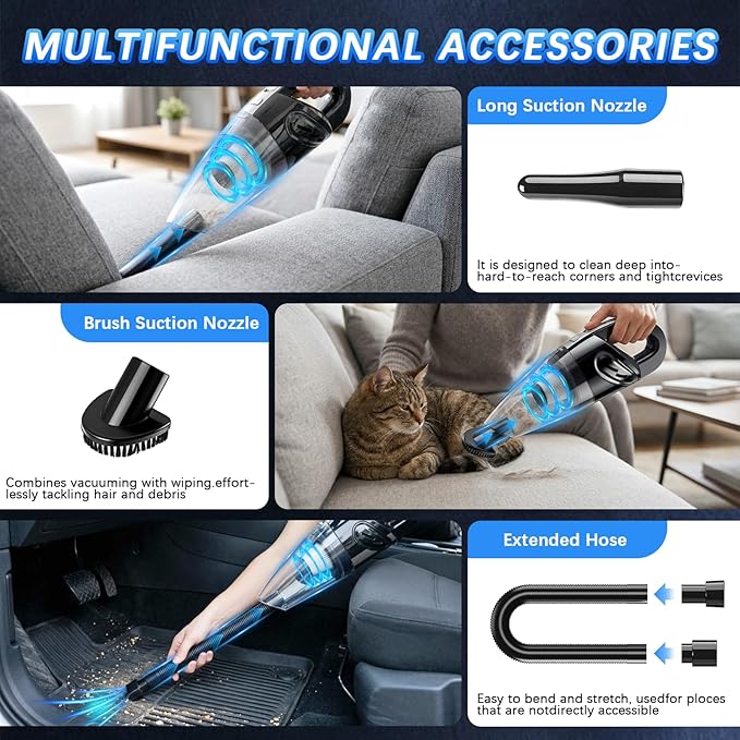 Handheld Vacuum Cordless, 15000Pa Powerful Car Vacuum Cleaner - 7800mAh Rechargeable Portable Mini Vacuum with 70000RPM Motor, 5 Nozzles, Low Noise, Washable Filter, for Car, Home, Office, Pet