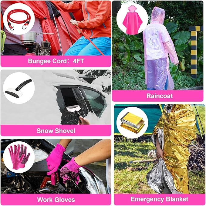 Roadside Emergency Car kit for Vehicles, with 4 in 1 Inflatable Car Vacuum Cleaner, Pink Jumper Cables, First Aid Kit, Tow Rope, Vehicle Road Trip Must Haves Pink Accessories for Women