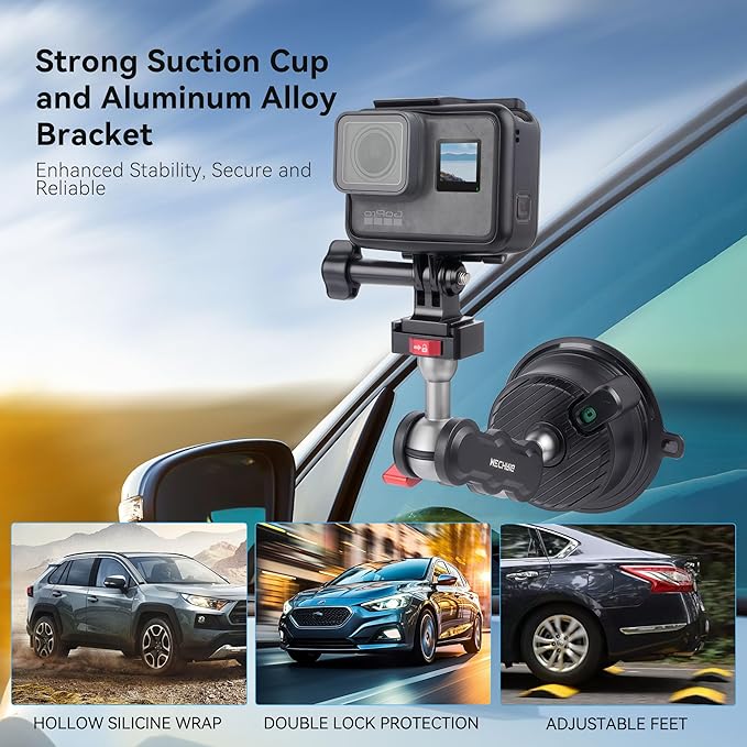 Camera Suction Cup Mount with Ball Head Magic Arm, Universal 360° Car Mount for Windshield, Dashboard, Vacuum Suction Cup Mount Compatible with Go pro (SJ007)