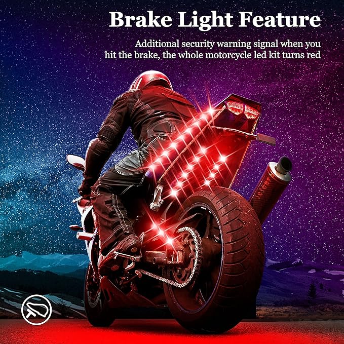Motorcycle LED Underglow Kit, icicar 8 Pcs APP/RF Control Multicolor Motorcycle LED Light Kit with Brake Turn Signal, IP68 Waterproof & Music Sync Ambient Light for Motorcycles