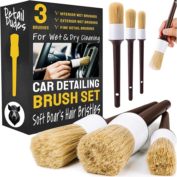 Detail Dudes Car Detailing Brush Set 3-pc - Scratch-Free Boars Hair for Interior and Exterior Work - Pro Quality Car Cleaning Brush Kit for Leather Seats, Dashboards, Wheels, Grills and Paint