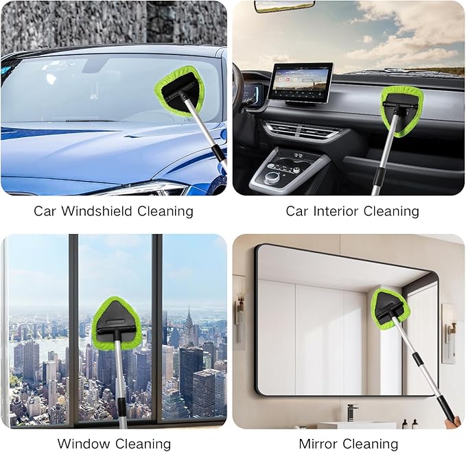 Qydipclin 10pcs Windshield Cleaner Tool, Car Window Cleaning Wash Kit with 4 Reusable Microfiber Pads 1 Spray Bottle and Extendable Handle Auto Glass Wiper Kit, Green