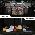 Boho Floral Flowers Backseat Trunk Organizer for Car Dahlia Hanging Cargo Bag Sturdy Trunk Storage Bag with 4 Storage Bags and 3 Adjustable Buckles
