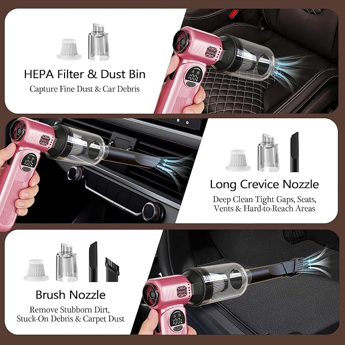 Cordless Air Duster & Handheld Vacuum 2-in-1, 8000mAh Rechargeable with Type-C Charging for Car, Keyboards, Electronics & Home – Pink