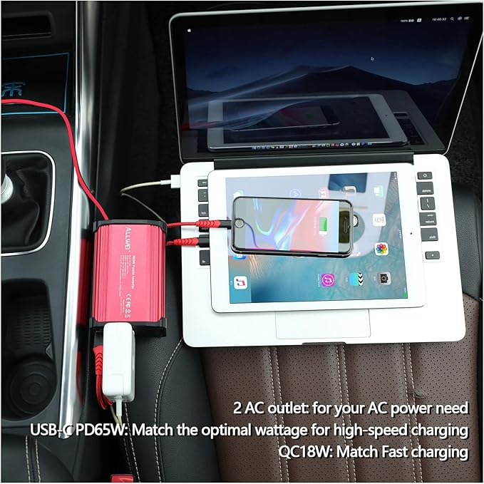 ALLWEI 300W Power Inverter DC 12V to 110V AC, Compact Car Plug Adapter Outlet with 65W PD USB-C &18W USB-A Fast Charging, Cigarette Lighter Adapter Car Charger for Phone, Laptop on Road Trip - Red