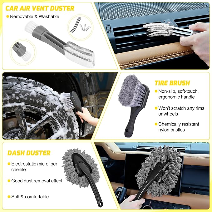 Nilight 27PCS Car Detailing Kit Auto Cleaning Tools Wash Set with Storage Carry Bag Home Use for Interior Exterior Deep Clean Polish Car Care Windshield Dashboard Seat Air Vents Wheels Tires, Yellow