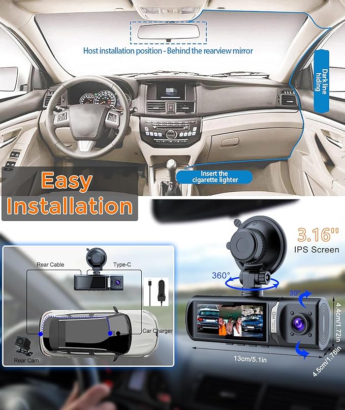 4K Dash Cam, Dash Camera Front Inside Rear, WiFi Dashcam for Cars with 64G Card, 3.16" IPS Screen, Night Vision, WDR 24H Parking Mode, G-Sensor, Loop Recording, 170° Wide Angle, APP Control