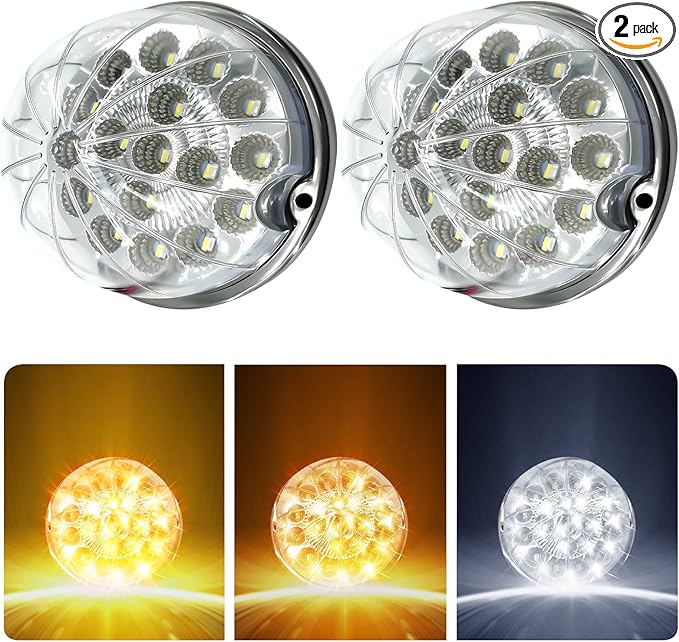 2PCS 17 LED Dual Revolution Amber Turn Signal & White Auxiliary Watermelon Lights, Clear Lens with Stainless Steel Bezel, Compatible with Freightliner, Ke-nw-or-th, Peterbilt & Heavy Trucks