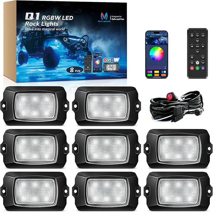 MICTUNING Q1 RGBW LED Rock Lights, APP & Remote Dual Control, 8 Pods Pure Color Underglow Neon Lighting with Wiring Switch Kit for Trucks Cars ATV UTV Golf Carts (2 Year Warranty)
