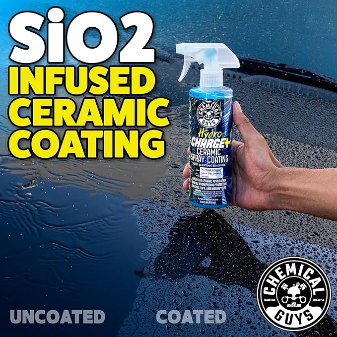 Chemical Guys WAC23016 HydroCharge High-Gloss Hydrophobic SI02 Ceramic Spray Coating, 16 fl oz + MIC_292_02 Microfiber Applicator (2 Pack) + MIC_506_03Premium Microfiber Towels (16"x16") 3 Pack
