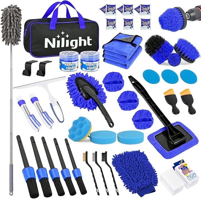 Nilight 52PCS Car Detailing Kit Auto Cleaning Tools Wash Set with Storage Carry Bag Home Use for Interior Exterior Deep Clean Polish Car Care Windshield Dashboard Seat Air Vents Wheels Tires, Blue
