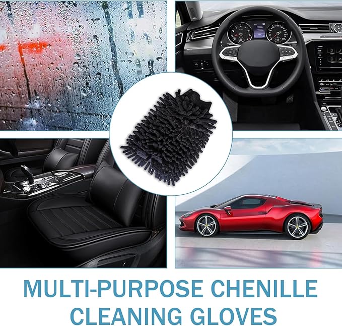 2 PCS Car Wash Mitt, Microfiber Chenille Double Sided Car Wash Gloves, Scratch-Free & Lint-Free Elastic Cuff Cleaning Gloves Kits, Clean Accessories for Cars Trucks and Household (Black)