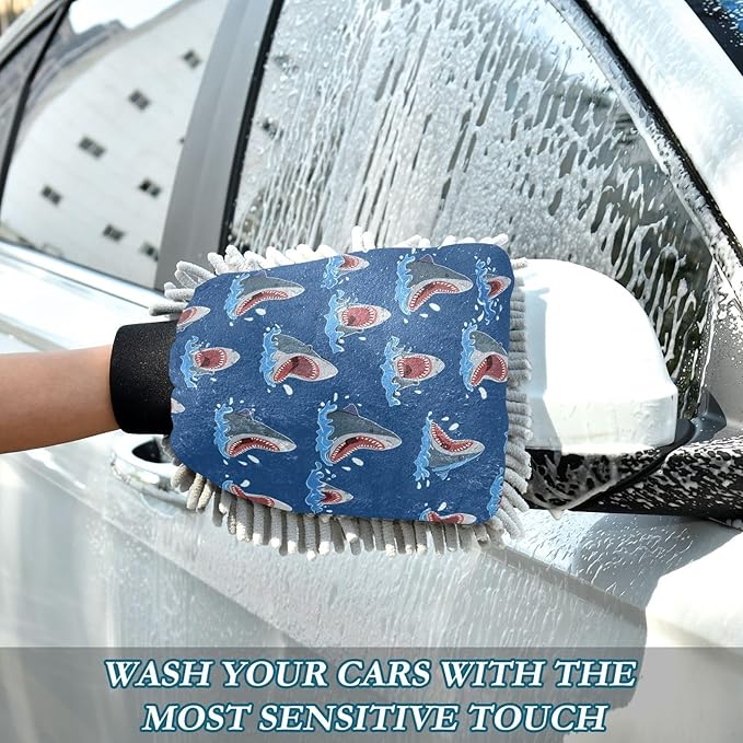 Qilmy Cartoon Sharks Pattern Microfiber Chenille Car Wash Sponge Scratch Free Car Wash Mitt Absorbent Mitt Sponge for Trucks SUVs Car Washing Home Cleaning, Medium