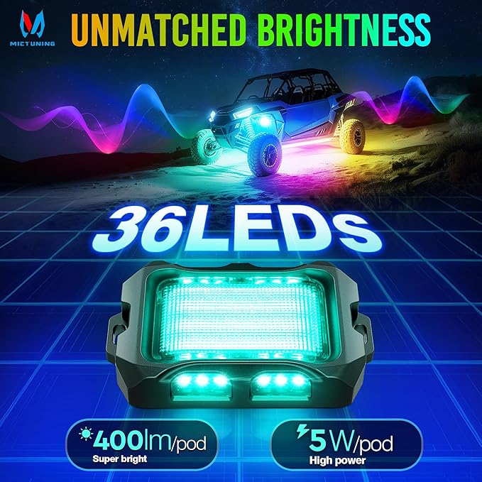 MICTUNING Q2+ MAX RGB+IC Rock Lights - 8 Pods Multi-Color DIY Effect Underglow Neon Kit, Individual Group Control, APP Music Sync, IP68 Waterproof