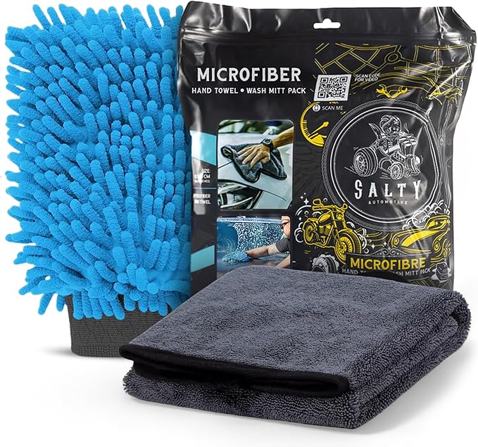 Salty Captain Microfibre Mitt & Towel Set – Ultra-Soft Wash Mitt for Scratch-Free Cleaning – XL Car Drying Towel for Streak-Free Shine – Interior & Exterior Car Detailing Kit