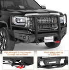 Hooke Road 16-18 Sierra Front Bumper Grille Brush Guard Push Bull Bar for 2016-2018 GMC Sierra 1500, Off-road Heavy Duty Steel Bumper with Winch Plate, D-ring Mounts & LED Lights