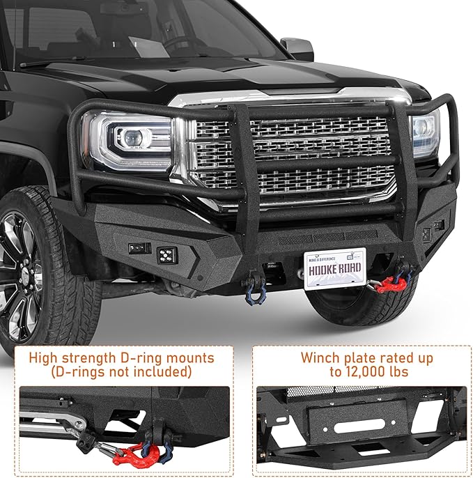 Hooke Road 16-18 Sierra Front Bumper Grille Brush Guard Push Bull Bar for 2016-2018 GMC Sierra 1500, Off-road Heavy Duty Steel Bumper with Winch Plate, D-ring Mounts & LED Lights