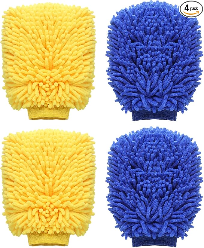 HARFINGTON 4pcs Chenille Microfiber Car Wash Mitts 9" x 5.5" Scratch Free Wash Gloves Absorbent Double Sided Plush Cleaning Drying Mitts for Car Washing Home Clean Blue Yellow