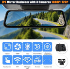 CAMECHO 3 Channel Mirror Dash Cam, 9.66" WiFi Triple Rear View Mirror with Front 1080P, Inside and Rear Cameras with G-Sensor, Night Vision, Loop Recording, Reverse Assist, APP Control, 64GB TF Card