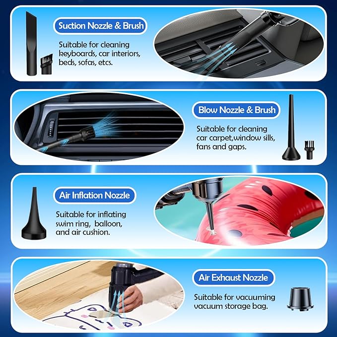 Handheld Car Air Vacuum Cleaner, 35000PA Rechargeable Cordless Vacuum Cleaner and Air Duster, High Power Hand Held Vacuum with Backup Battery, 2 HAPE Filters and Multi-Nozzles for Car, Home, Office