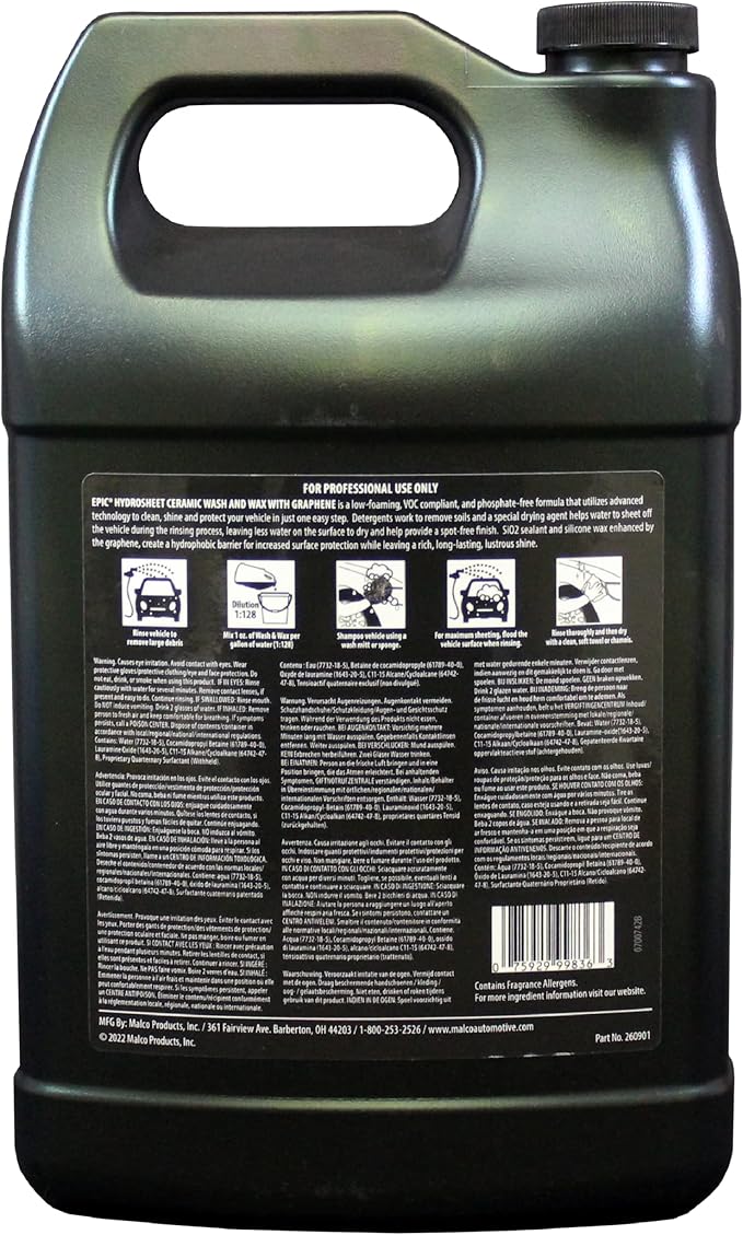 Malco Epic Hydrosheet - Ceramic Wash and Wax with Graphene/Clean, Shine, and Protect Your Vehicle in One-Step / 1 Gallon (260901)