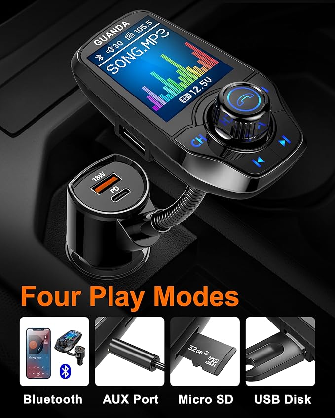 Upgraded Bluetooth 5.3 FM Transmitter for Car, Wireless Radio Adapter Kit W 1.8" Color Display Hands-Free Call AUX in/Out SD/TF Card USB Charger PD 20W for All Smartphones Audio Players - Black
