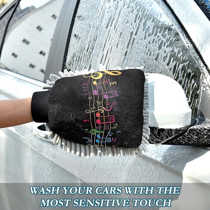 YETTASBIN Musical Note 2PCS Car Wash Mitts, Ultra Absorbent Chenille Microfiber Car Washing Gloves, Scratch-Free Lint-Free Auto Cleaning Mitt, Machine Washable Elastic Cuff Car Wash Sponge