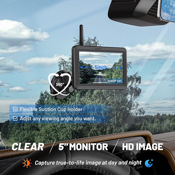 EWAY Wireless Backup Camera HD 1080P 5" Monitor Kit, Stable Digital Signal for Truck Trailer Front Rear Side View Back Up Camera Easy Setup Vehicle Reverse Wifi Camera for Car Van SUV Pickup RV Camper