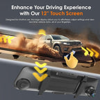 U24 Mirror Dash Cam, 4-Channel, 12” Touchscreen, 1080p, 170° Wide Angle, Stream Media, Auto-Backup Camera for Car, Truck, Taxi, Night Vision, Parking Monitor，Free 128GB Card