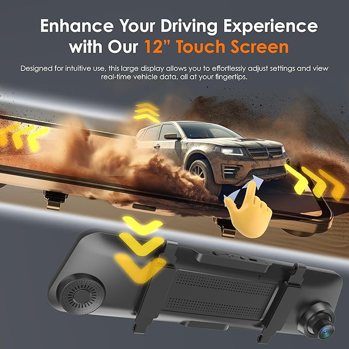 U24 Mirror Dash Cam, 4-Channel, 12” Touchscreen, 1080p, 170° Wide Angle, Stream Media, Auto-Backup Camera for Car, Truck, Taxi, Night Vision, Parking Monitor，Free 128GB Card