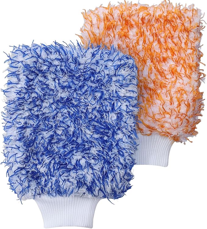 Microfiber Car Wash Mitts, 2Pack Premium Scratch-Free Car Wash Gloves with Thick Elastic Cuff for Auto Detailing, Cars, Trucks, SUVs, Boats (Blue & Orange)