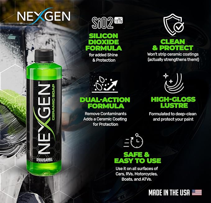 Nexgen Premium Ceramic Soap (8oz) - Dual-Action Formula Car Wash Soap with SiO2 for Cleaning & Protection - Hydrophobic Water-Beading`- Car Cleaning Supplies - Safe for Paint, Glass, Chrome & More