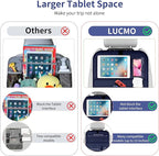 LUCMO Car Backseat Organizer with Tablet Holder-2 Pcs,6 Storage Pockets Car Storage Organizer with Foldable Food Tray,Protectors Kick Mats Travel Accessories-Dark Blue