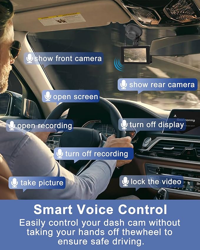 4K Dash Cam Front and Rear Camera with Voice Control,Car Cameras Dashcam for Cars with WiFi, GPS, 64G Card, 24H Parking Monitor, G-Sensor,IR Night Vision,Loop Recording