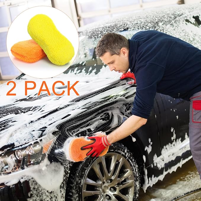 Tanlade 2 Pcs Large Microfiber Car Wash Sponge for Cleaning, Non Scratch Microfiber Sponges for Car Washing Supplies, Trucks and Motorcycles (Orange,Yellow)