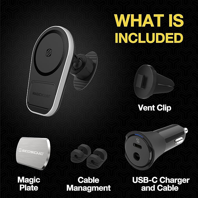 Scosche MPQ5DV-XTSP MagicMount Pro Charge5 15W Wireless Charging MagSafe Car Mount, Magnetic Phone Holder for Dashboard/Vent Compatible with iPhone 16/15/14/13/12 Pro/Pro Max/Plus, MagSafe Case & More