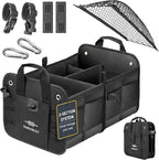 2-Section Trunk Organizer Foldable Car Storage Bin – Compact Dual-Compartment Auto Organizer with Cover Net, Non-Slip Pads, Heavy Duty Oxford 1680D – Black