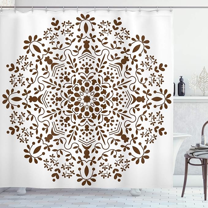 Ambesonne Mandala Shower Curtain, Abstract Art Style Vector Illustration of Mandala Flower on White Background, Cloth Fabric Bathroom Decor Set with Hooks, 69" W x 70" L, Brown and White